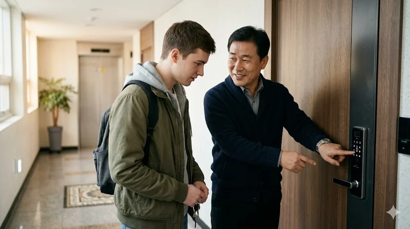 Host showing smart door lock system to student