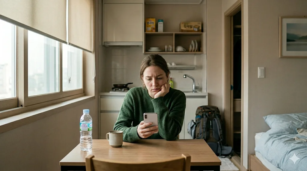 Woman looking worried about housing on her smartphone