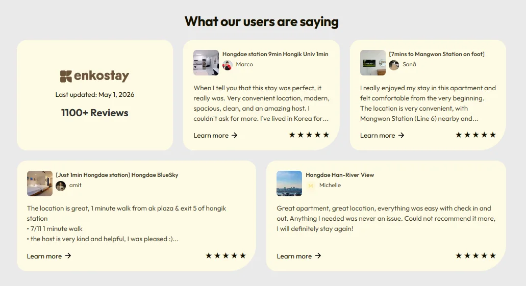 Customer reviews showing high satisfaction with Enkostay services