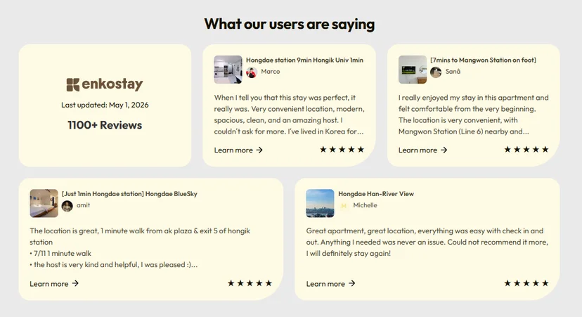 Customer reviews showing high satisfaction with Enkostay services