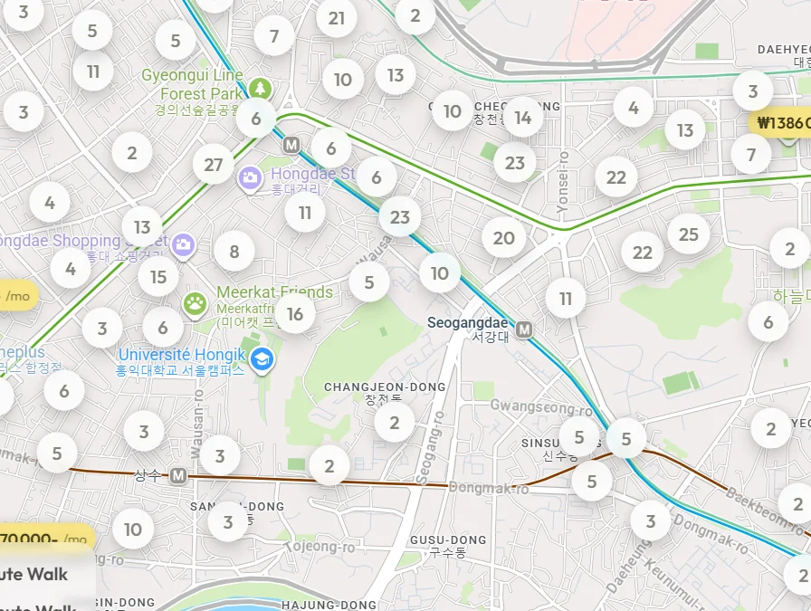 A map of the Hongdae neighborhood in Seoul showing the number of available accommodations on the Enkostay website