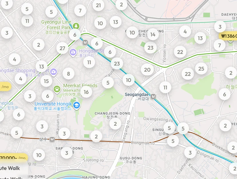 A map of the Hongdae neighborhood in Seoul showing the number of available accommodations on the Enkostay website