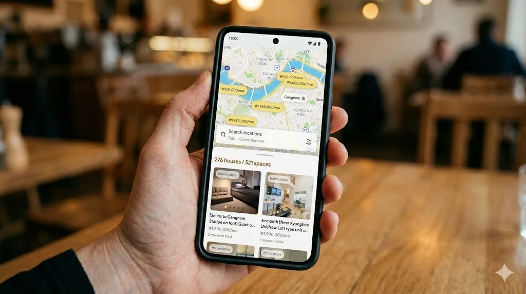 Person holding smartphone displaying Enkostay map based search