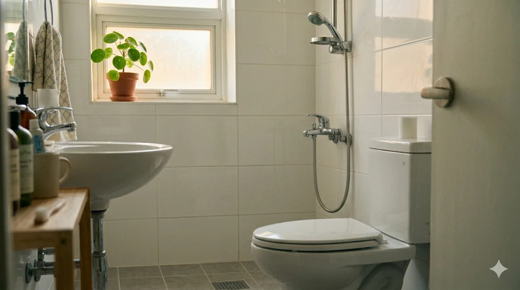 Clean modern private bathroom with natural light