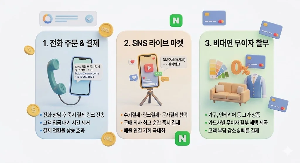 비대면 결제의 세 가지 활용 사례(전화 주문, SNS 라이브 마켓, 고액 무이자 할부)를 보여주는 인포그래픽