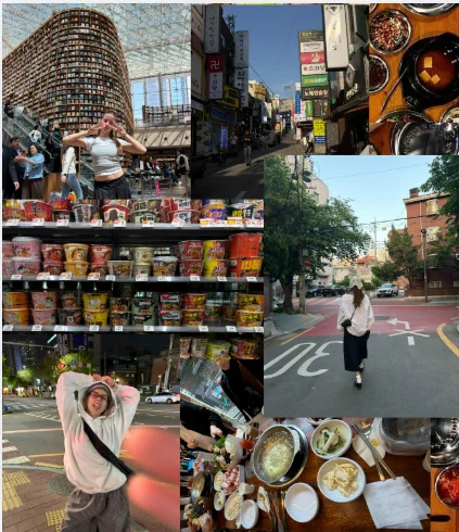 A colorful collage of life in Korea, showing busy streets, local food, convenience store shelves, and everyday moments blending city energy with personal experiences.