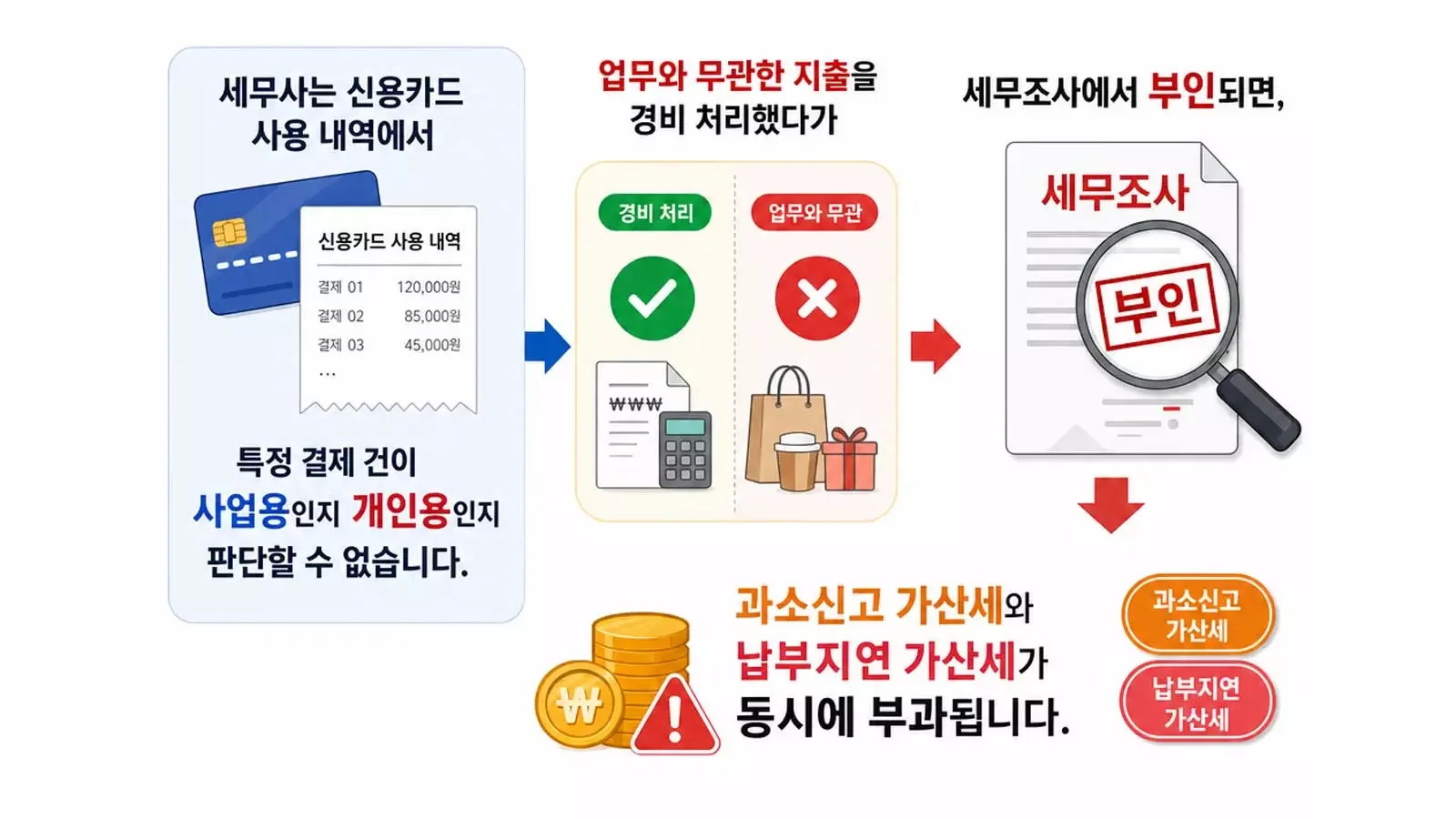 신용카드 사적 이용 시 과소신고 가산세 및 납부지연 가산세 부과 위험 안내 인포그래픽