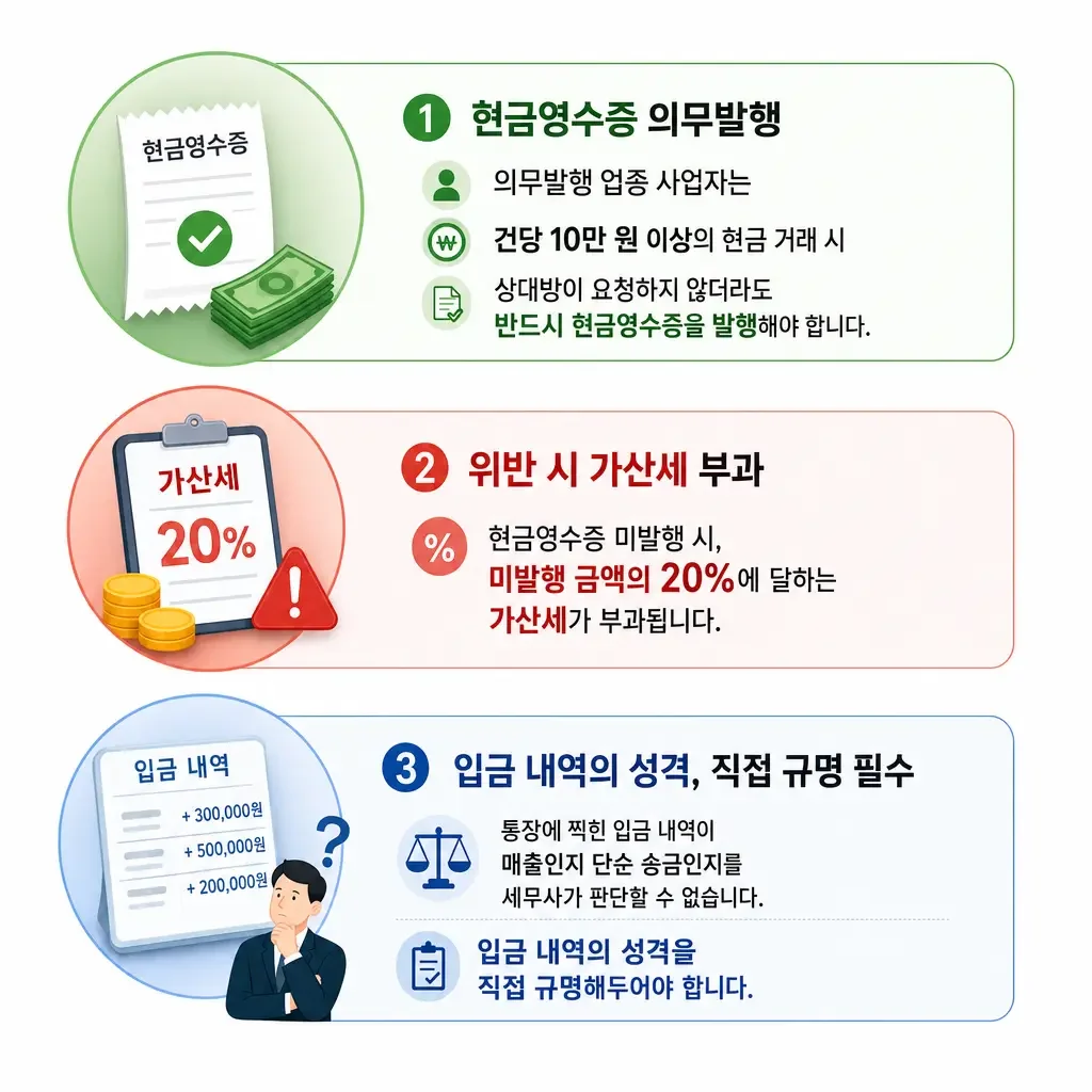 현금영수증 의무 발행 규정 및 입금 내역 성격 규명 필요성 설명 가이드