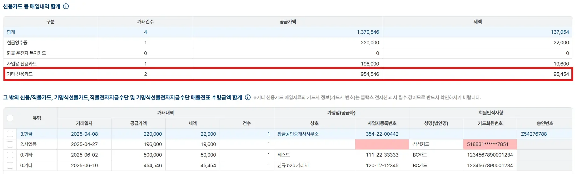 신용카드 매입 내역 합계 및 가맹점별 상세 거래 정보 조회 리스트