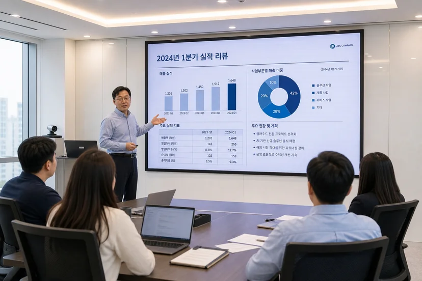기업-회의실-LED-대형모니터-프레젠테이션-발표자-참석자-시청-설치사례