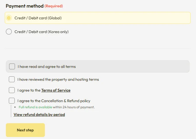 Global credit card payment method rental contract terms