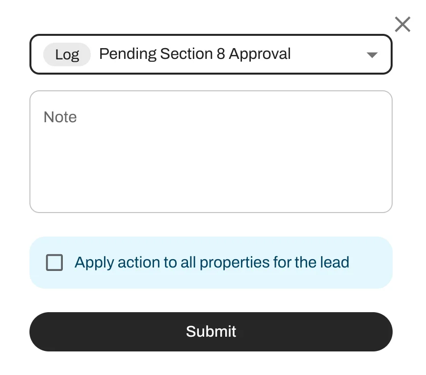Log pending Section 8 approvals as a leasing event directly from the Command Center.