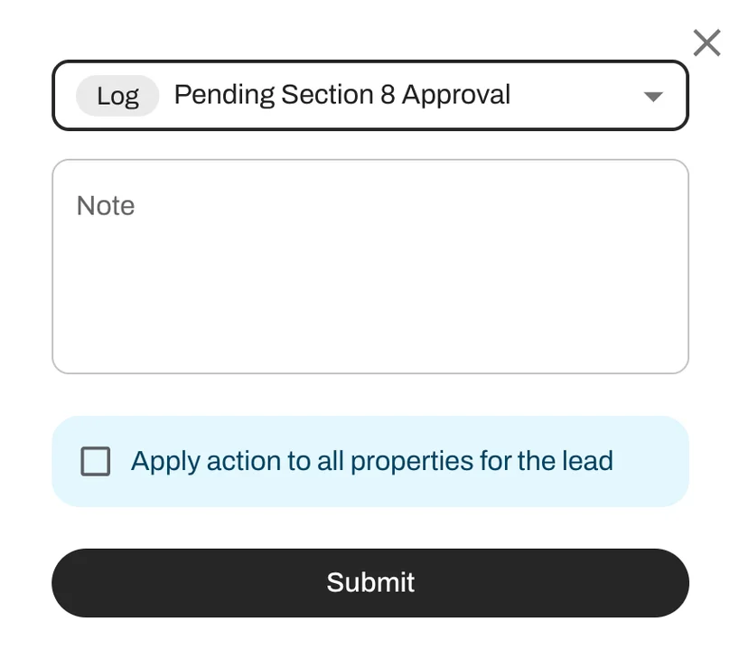 Log pending Section 8 approvals as a leasing event directly from the Command Center.