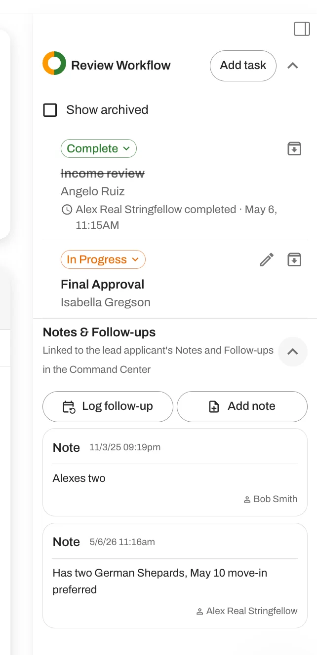 Notes and follow-ups from the Command Center are now available inside the application view.