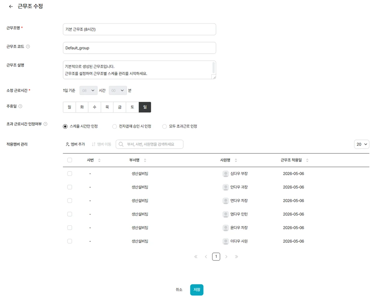 특정 근무조의 상세 설정을 변경하는 근무조 수정 화면. '기본 근무조(8시간)'를 예시로 소정 근로시간, 주휴일 설정, 초과 근로시간 인정 여부 등의 정책을 관리하고, 해당 근무조가 적용될 사원(심다우 부장, 안다우 과장 등)을 지정 및 수정하는 관리자 설정 페이지입니다.