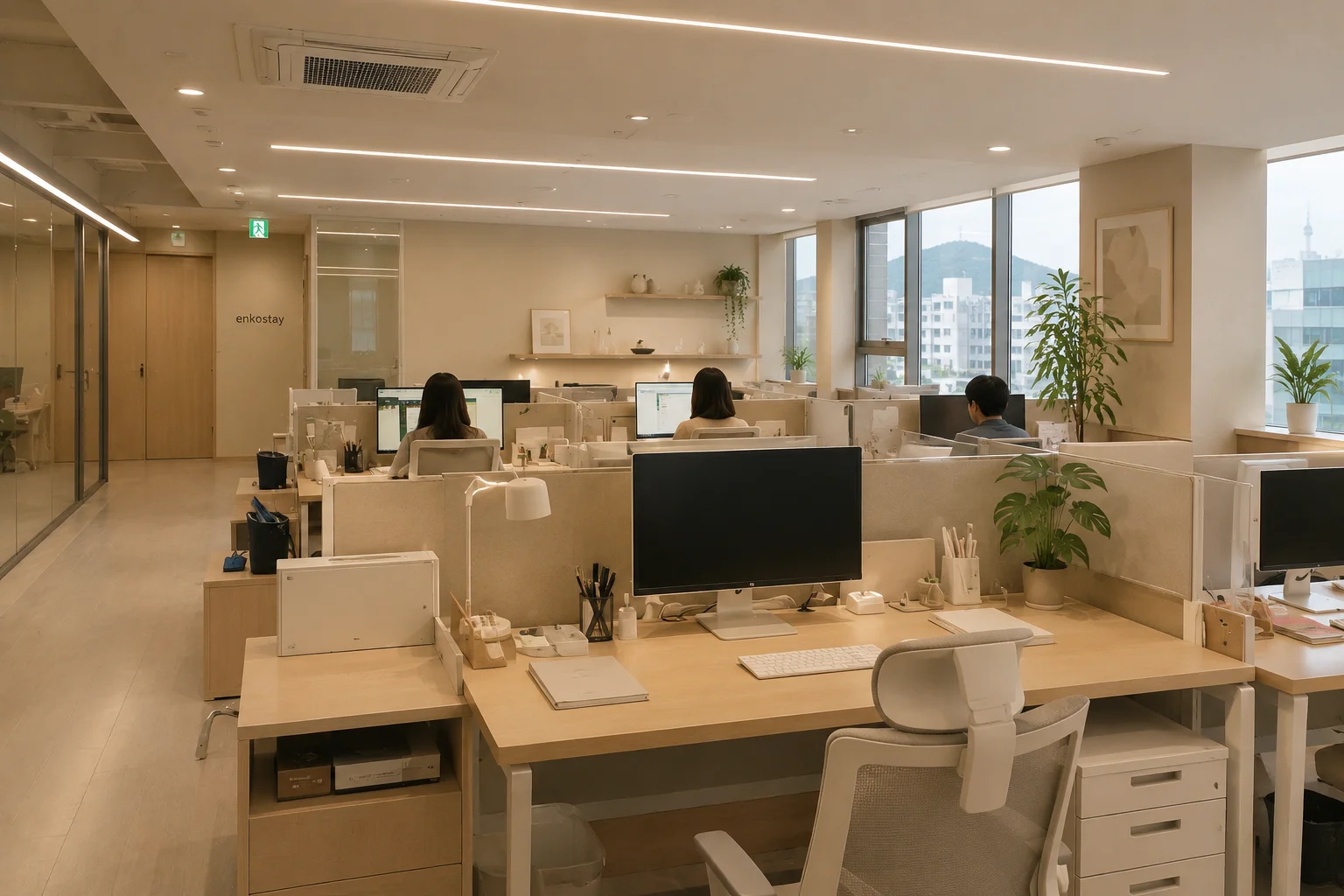 A modern office in Seoul, decorated in light beige tones, where several people work quietly in a calm, minimalist atmosphere.