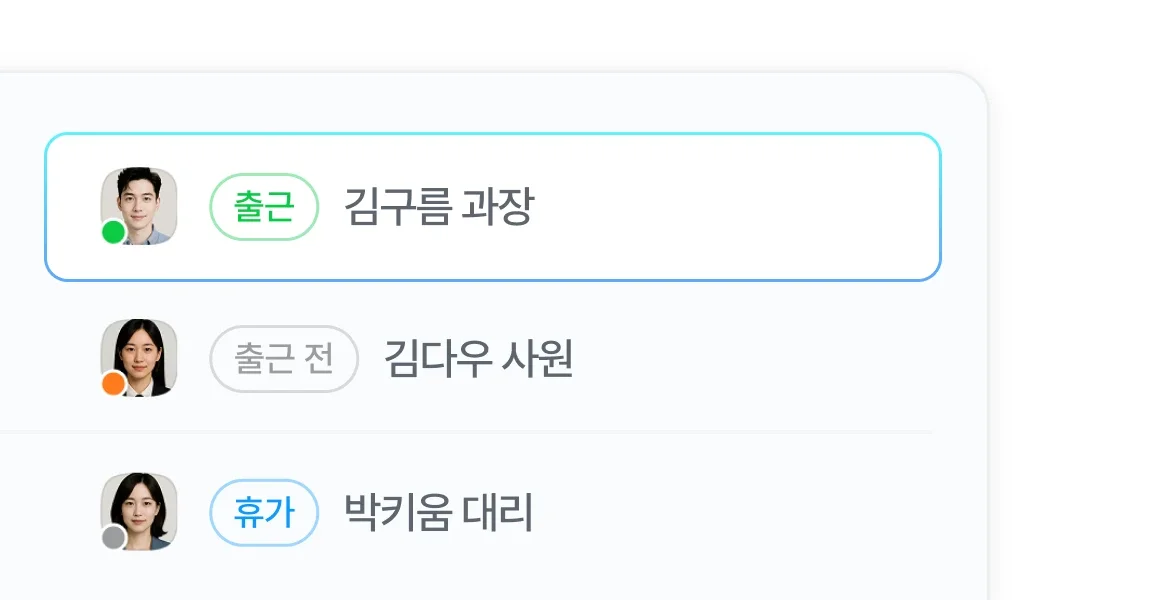 조직도와 연동되어 동료의 접속 상태를 확인할 수 있는 다우오피스 메신저