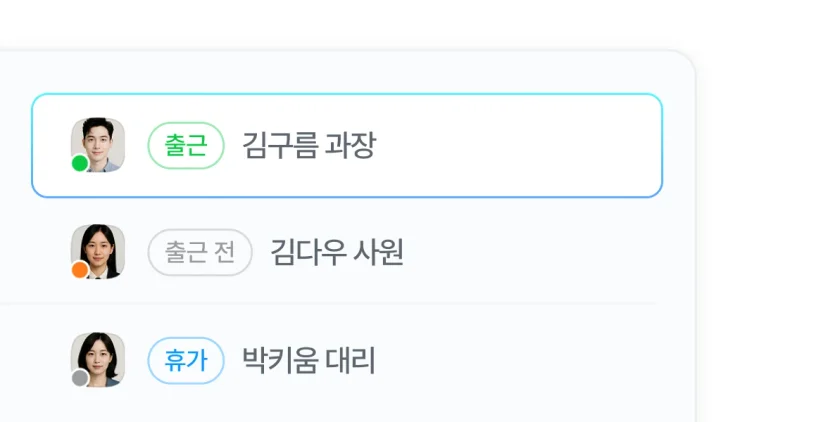 조직도와 연동되어 동료의 접속 상태를 확인할 수 있는 다우오피스 메신저