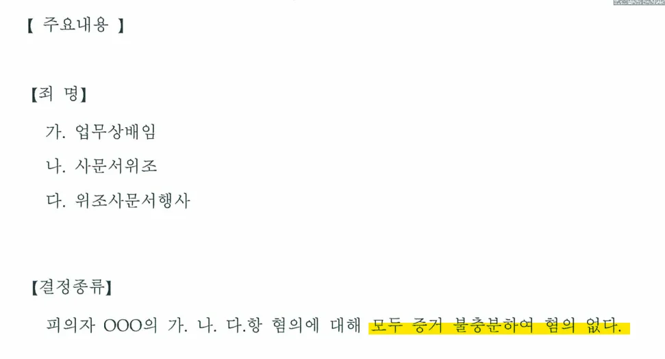 업무상배임 사문서위조 위조사문서행사 불송치결정