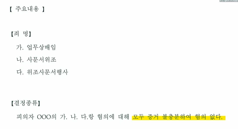 업무상배임 사문서위조 위조사문서행사 불송치결정