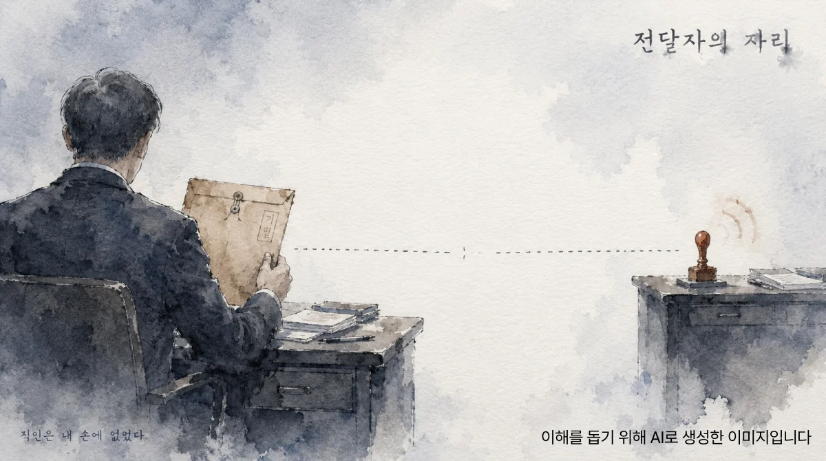 서류 봉투를 든 사람과 멀리 떨어진 책상 위 직인 사이를 흐린 점선이 이어주는 장면
