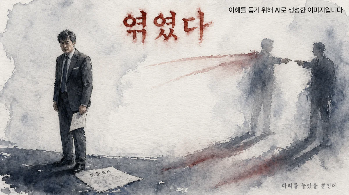 서류를 든 한 사람이 홀로 서 있고 멀리 두 실루엣이 서로 손가락질하며 그 끝이 한 사람을 향하는 장면