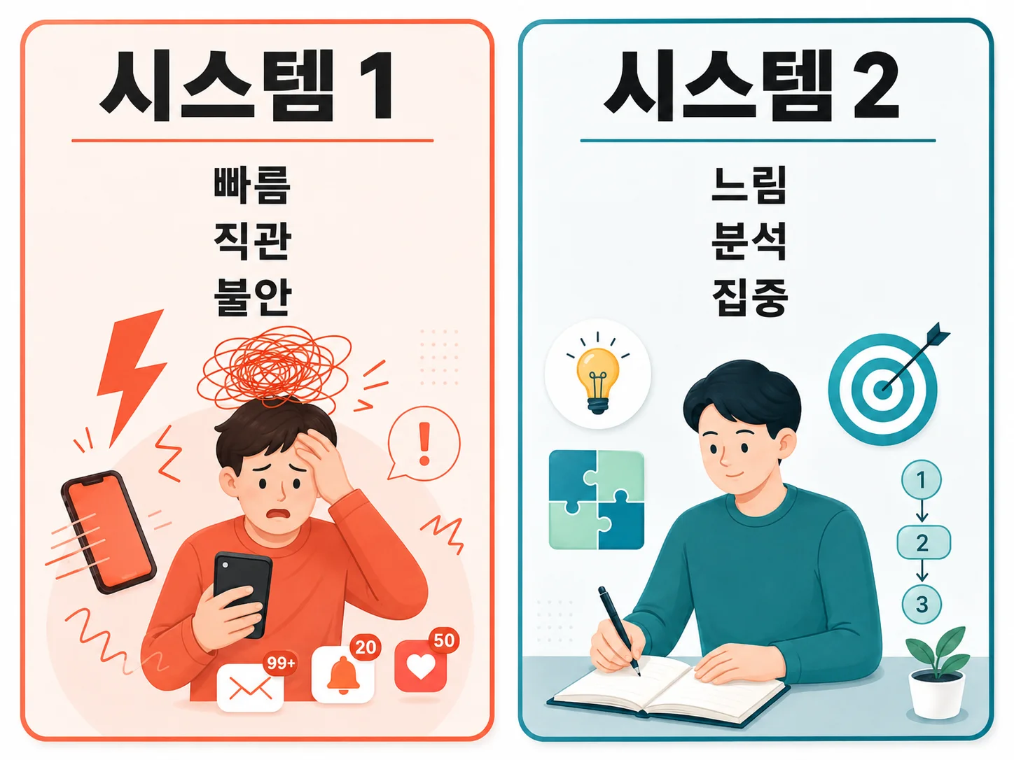 시스템 1 사고와 시스템 2 사고를 대비해 보여주는 2분할 인포그래픽. 왼쪽은 시스템 1로, 스마트폰을 들고 불안해하는 인물과 알림 아이콘, 번개, 뒤엉킨 선을 통해 빠름·직관·불안을 표현했다. 오른쪽은 시스템 2로, 노트에 글을 쓰는 차분한 인물과 전구, 퍼즐, 과녁, 단계 표시를 통해 느림·분석·집중을 표현했다.