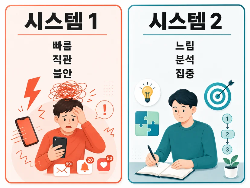 시스템 1 사고와 시스템 2 사고를 대비해 보여주는 2분할 인포그래픽. 왼쪽은 시스템 1로, 스마트폰을 들고 불안해하는 인물과 알림 아이콘, 번개, 뒤엉킨 선을 통해 빠름·직관·불안을 표현했다. 오른쪽은 시스템 2로, 노트에 글을 쓰는 차분한 인물과 전구, 퍼즐, 과녁, 단계 표시를 통해 느림·분석·집중을 표현했다.