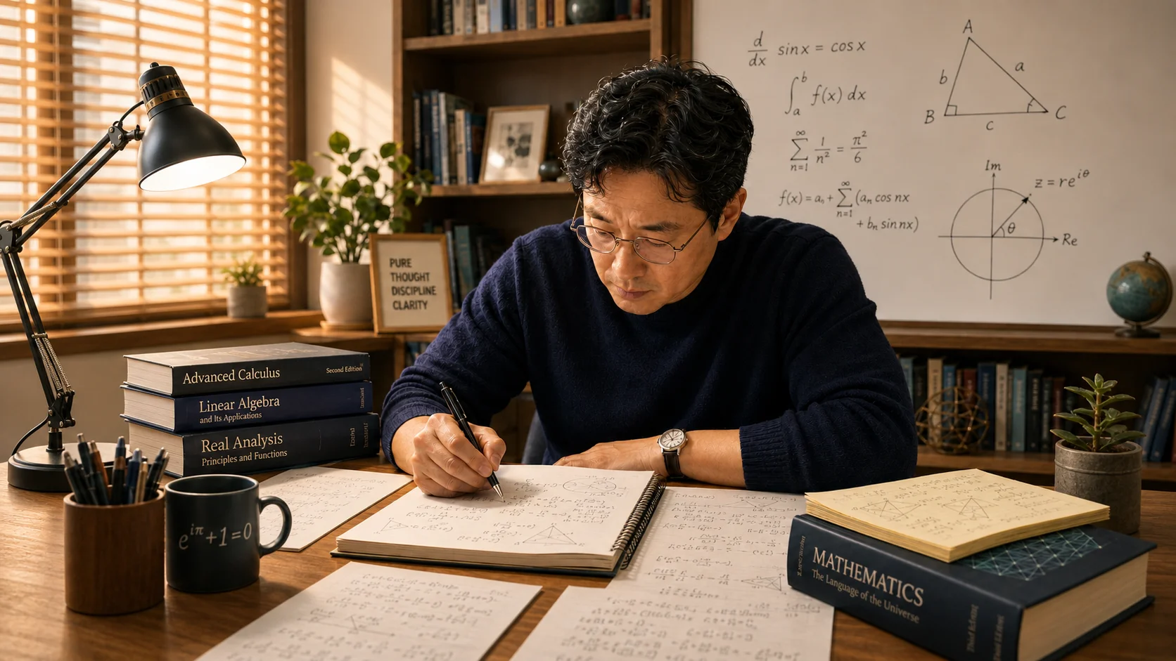 40대 남성이 서재 책상에 앉아 수학 공책과 계산식이 적힌 종이들 사이에서 깊이 집중해 문제를 풀고 있는 모습