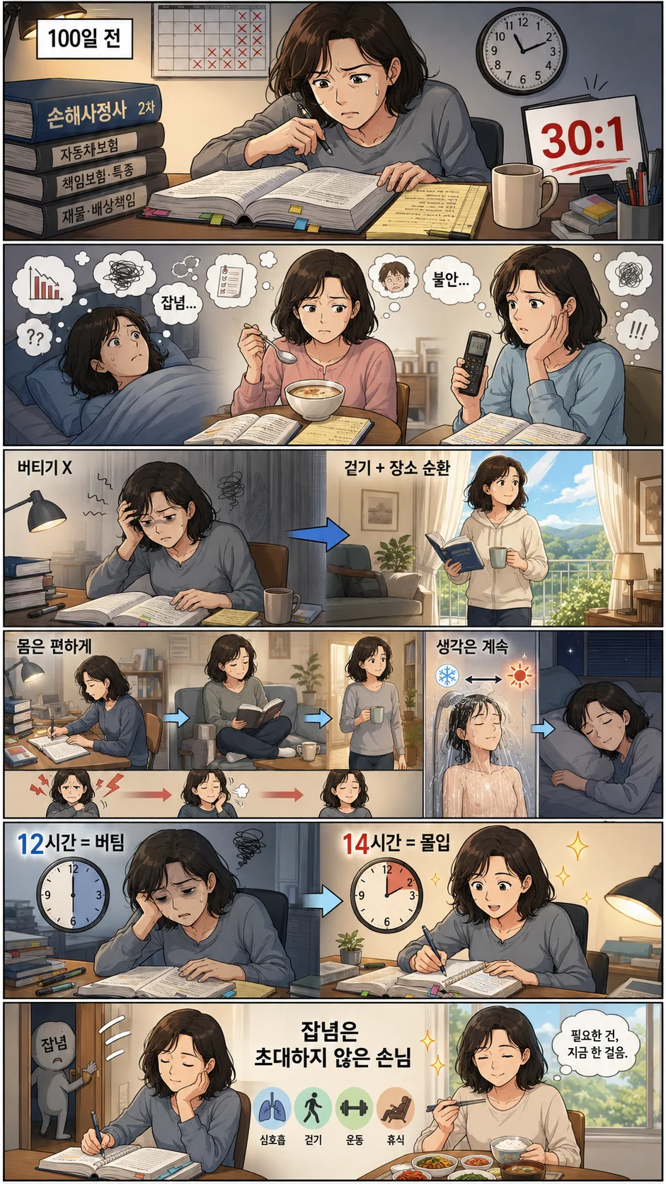 40대 여성 손해사정사 2차 수험생이 잡념과 불안을 내려놓고, 걷기와 장소 순환, 이완 훈련을 통해 몰입 상태에 들어가는 과정을 보여주는 만화
