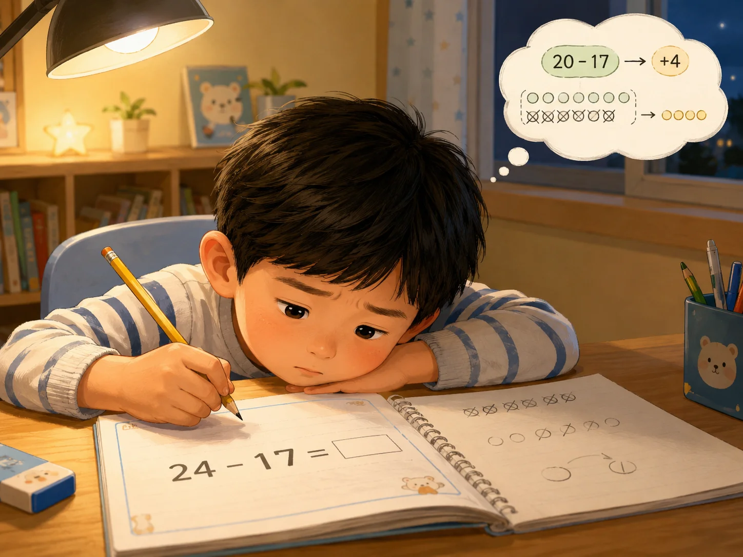초등학교 1학년 남학생이 저녁에 책상 앞에 앉아 수학 문제 24-17을 풀며 깊이 생각하는 모습. 공책과 연필을 앞에 두고 고민하는 표정이 강조되어 있다.