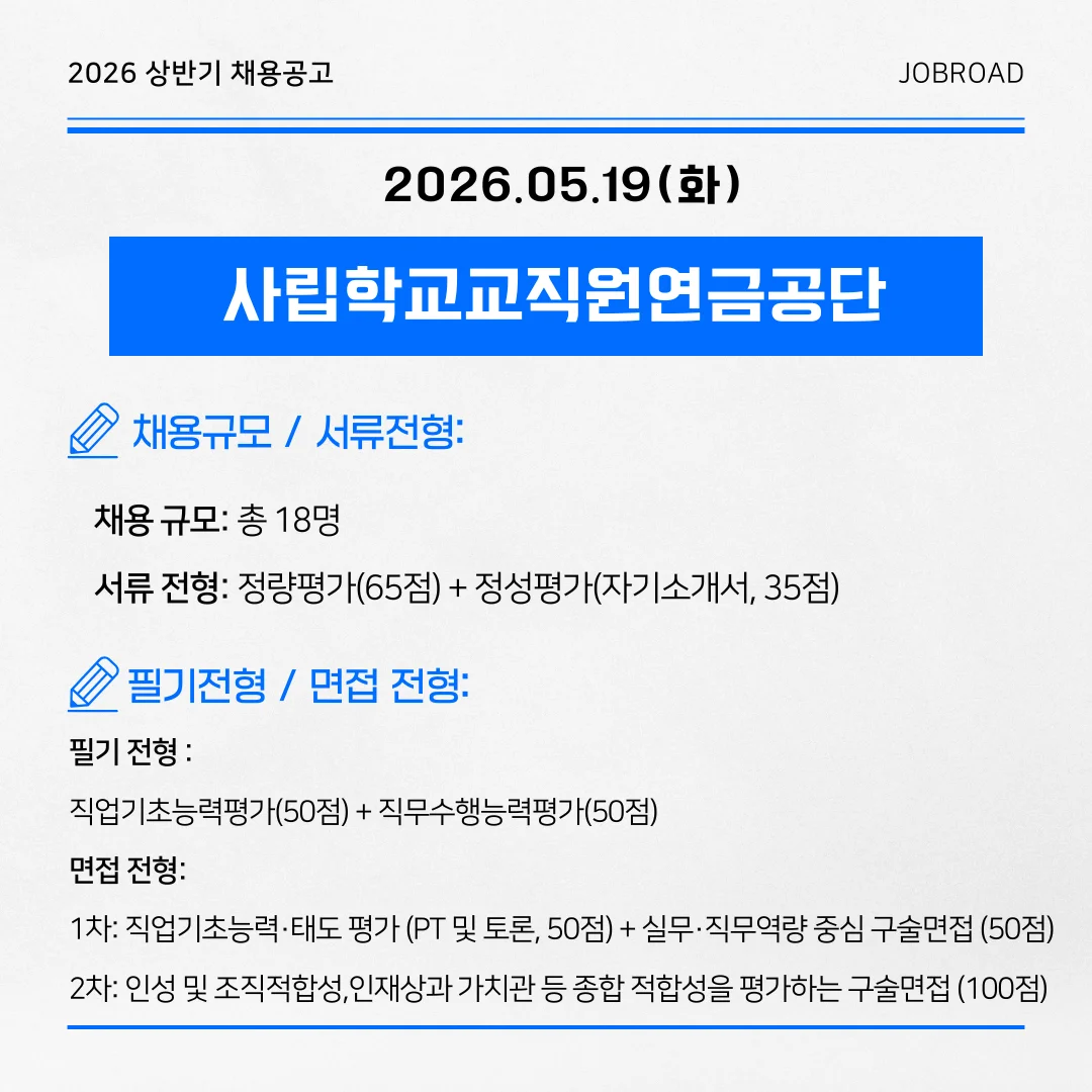 2026년도 사립학교교직원연금공단 정규직(일반경쟁) 신입직원 채용 공고