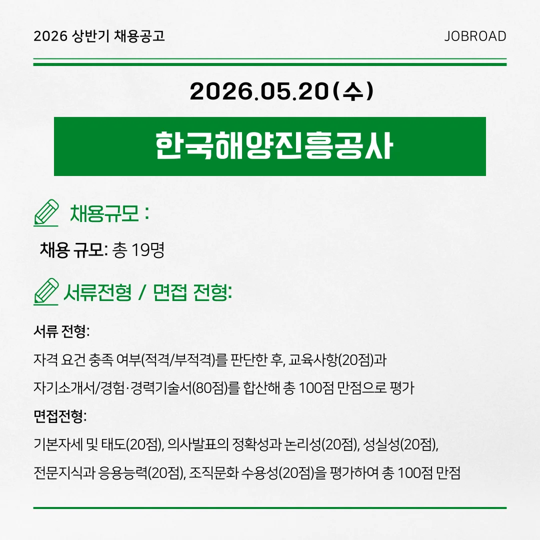 한국해양진흥공사 2026년 체험형 인턴 채용