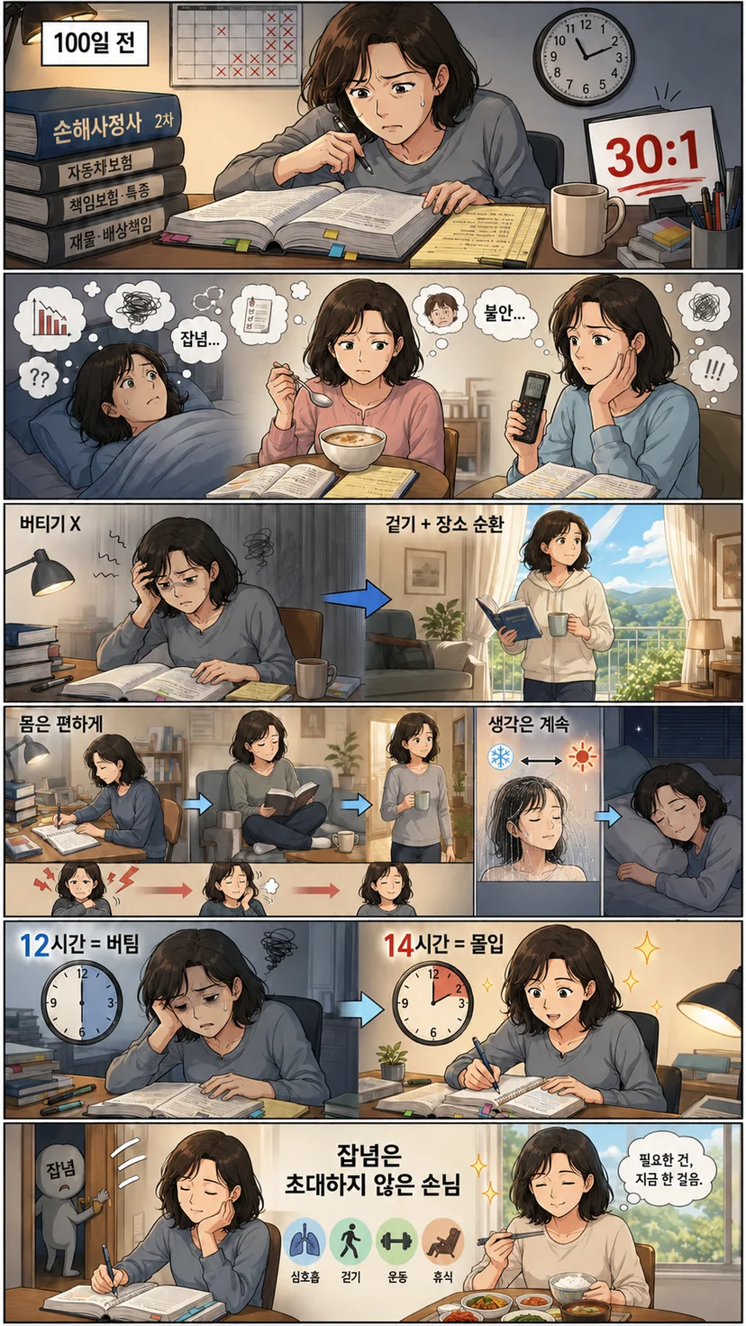 40대 여성 손해사정사 2차 수험생이 잡념과 불안을 내려놓고, 걷기와 장소 순환, 이완 훈련을 통해 몰입 상태에 들어가는 과정을 보여주는 만화