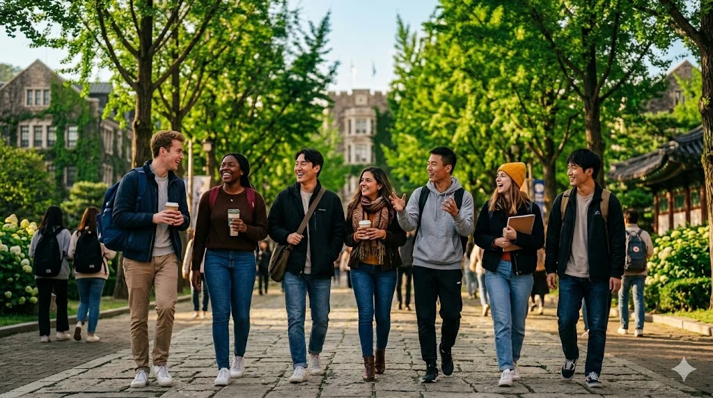 Diverse students smiling on sunlit Korean university pathway