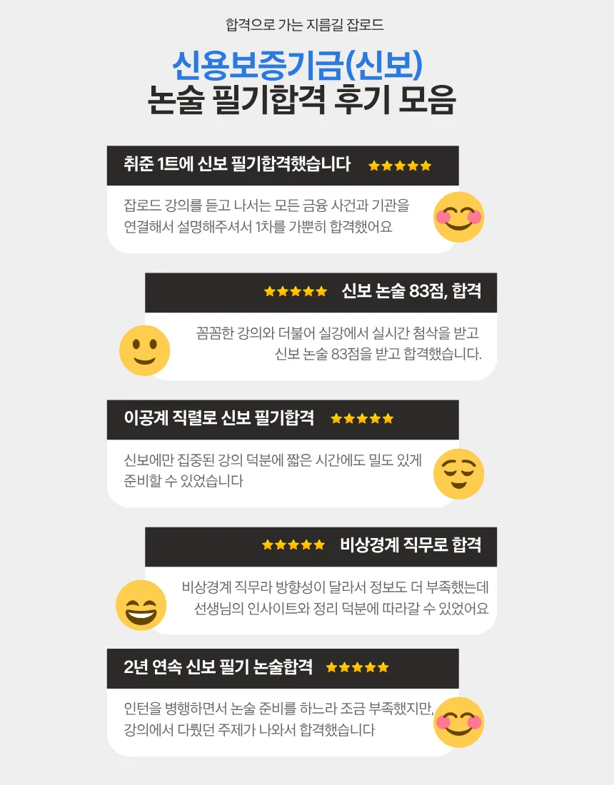 신용보증기금 신보 논술 필기합격 후기 모음 이미지. 신보 논술 83점 합격, 이공계 직렬 필기합격, 비상경계 직무 합격, 2년 연속 신보 필기 논술합격 후기가 정리되어 있다.