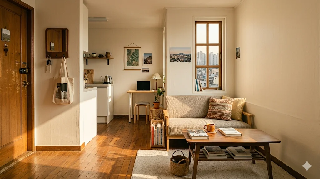 Sunlit Korean studio apartment with minimalist wooden furniture