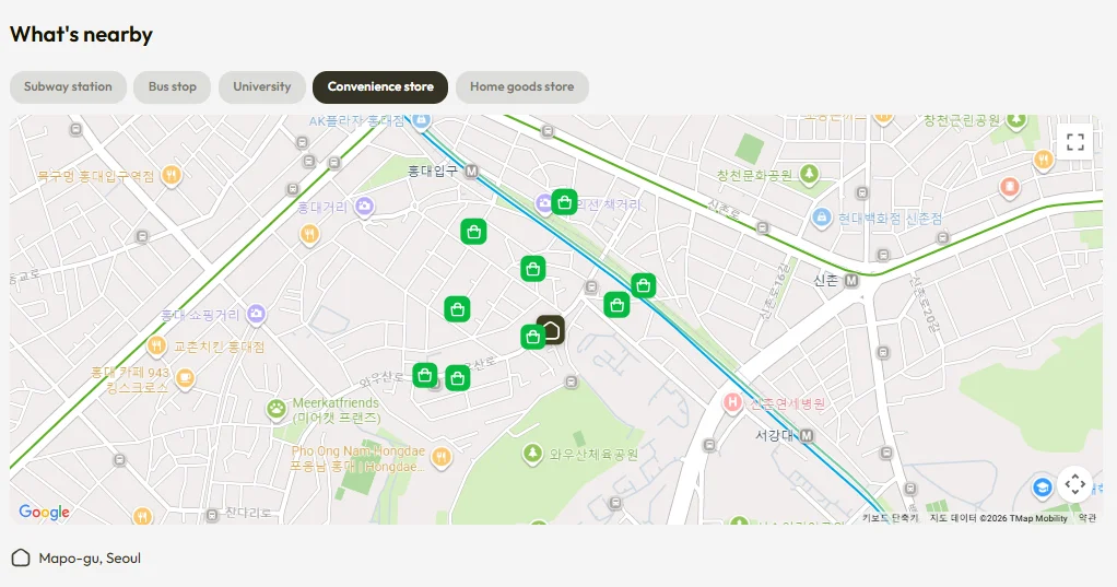 Neighborhood map highlighting amenities for long term stay Seoul