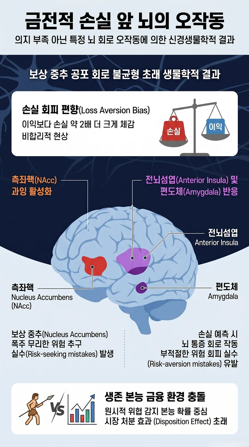 투자 등 금전적 손실 회피 편향과 관련된 뇌의 오작동 기전을 설명하는 해부도. 보상 중추인 측좌핵, 통증 회로인 전뇌섬엽 및 편도체의 정확한 위치와 상호작용을 투영 기법으로 시각화한 신경과학 전문 인포그래픽