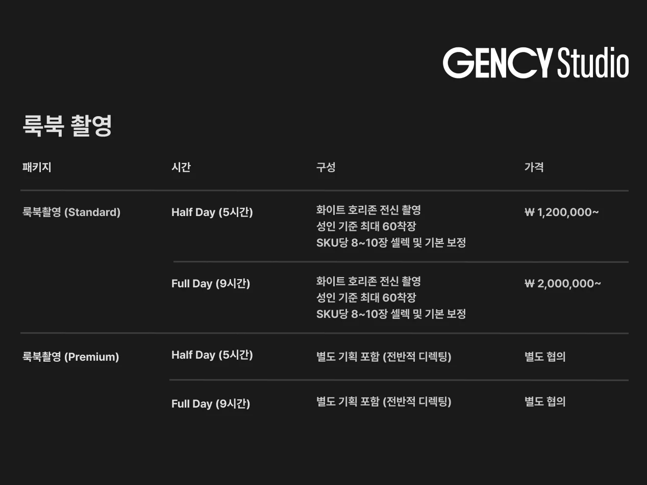 GENCY-Studio-룩북-촬영-비용표