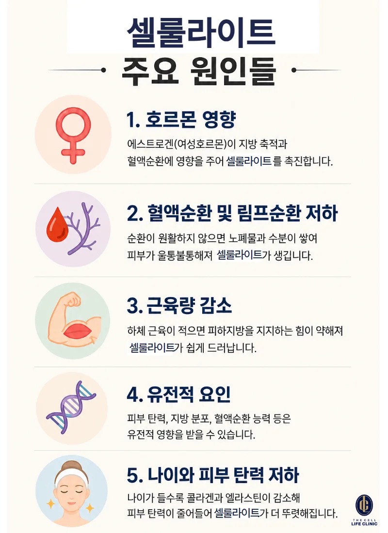 셀룰라이트 주요 원인들 호르몬영향, 혈액순환 저하, 근육량 감소, 유전적 요인이 있습니다,