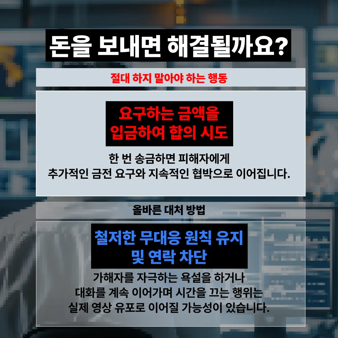 몸캠피싱 범죄에 대한 잘못된 대처 방법과 올바른 대처 방법이 비교되어 나와있는 이미지