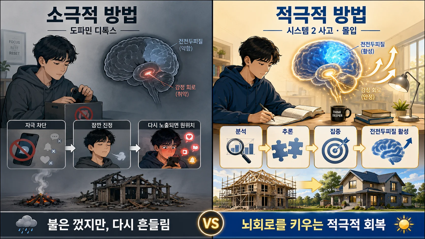 도파민 디톡스와 시스템 2 사고·몰입을 좌우로 비교한 인포그래픽