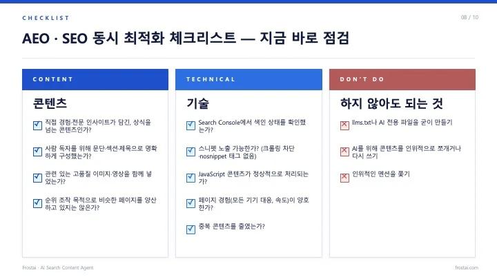 AEO/GEO/SEO 동시 최적화 체크리스트