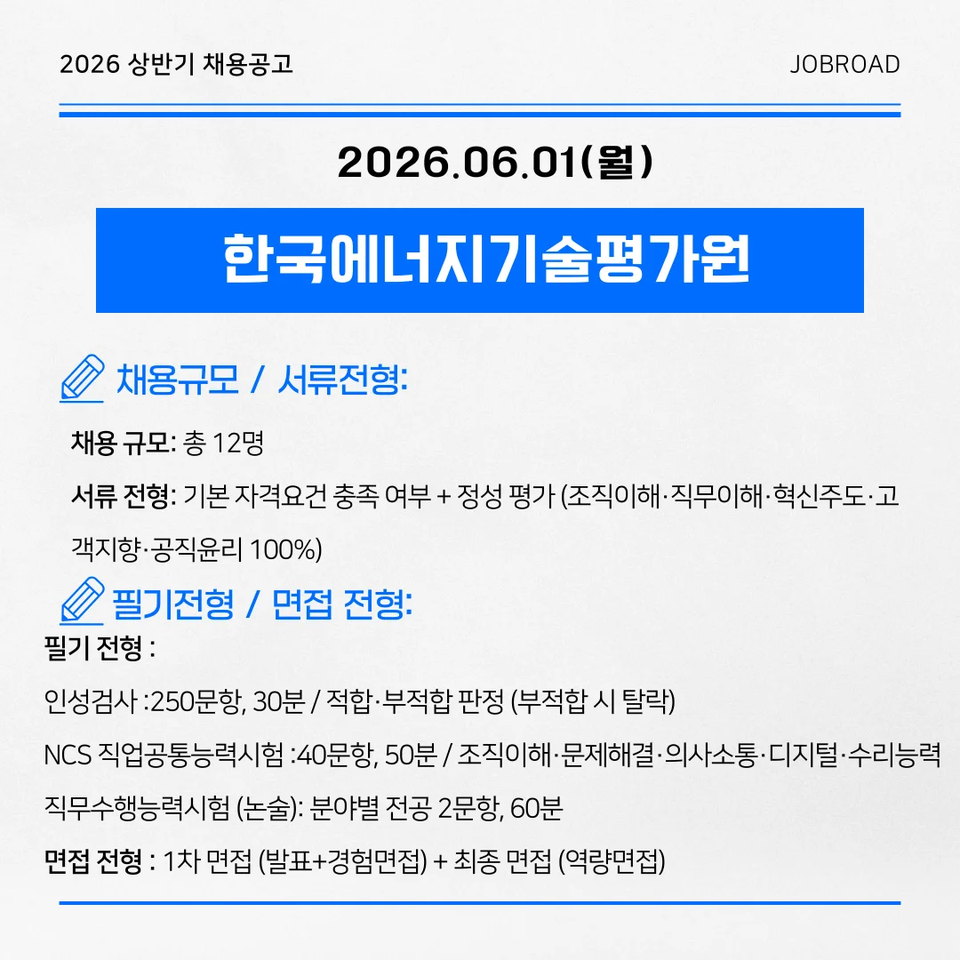 한국에너지기술평가원 — 2026년 제2차 신규직원 채용