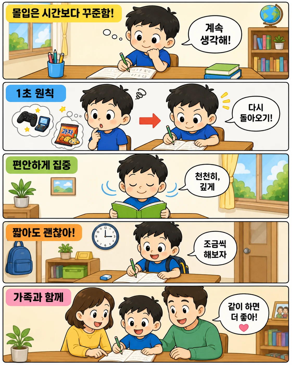 초등학교 1학년 남학생이 몰입 공부법을 배우는 5컷 만화