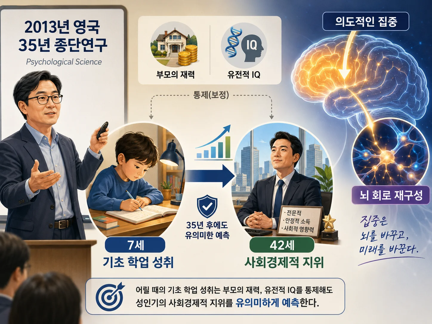 2013년 영국 35년 종단연구를 바탕으로, 7세 때의 기초 학업 성취가 부모의 재력과 유전적 IQ를 통제해도 42세의 사회경제적 지위를 예측한다는 내용을 설명한 교육용 일러스트