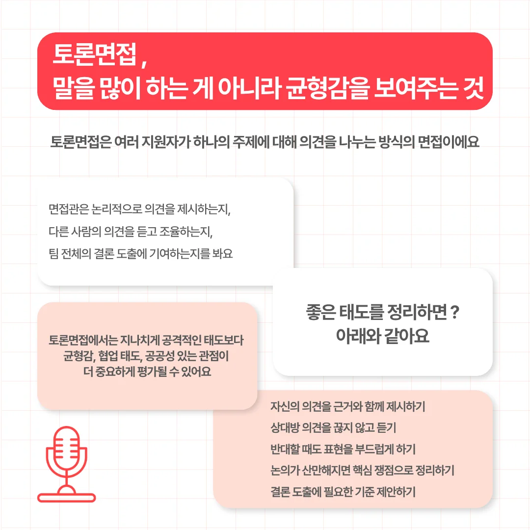 토론 면접에서 평가하는 논리적 의견 제시, 타인 의견 조율, 결론 도출 기여도 설명. 상대방 의견 경청 및 부드러운 반대 표현 등 좋은 태도 목록 포함
