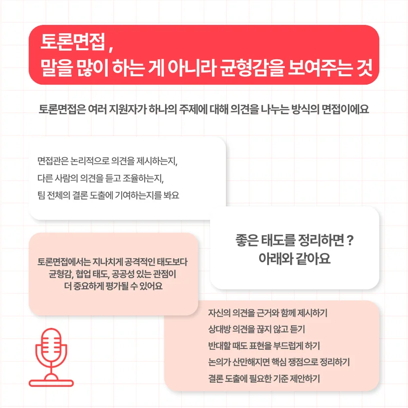 토론 면접에서 평가하는 논리적 의견 제시, 타인 의견 조율, 결론 도출 기여도 설명. 상대방 의견 경청 및 부드러운 반대 표현 등 좋은 태도 목록 포함