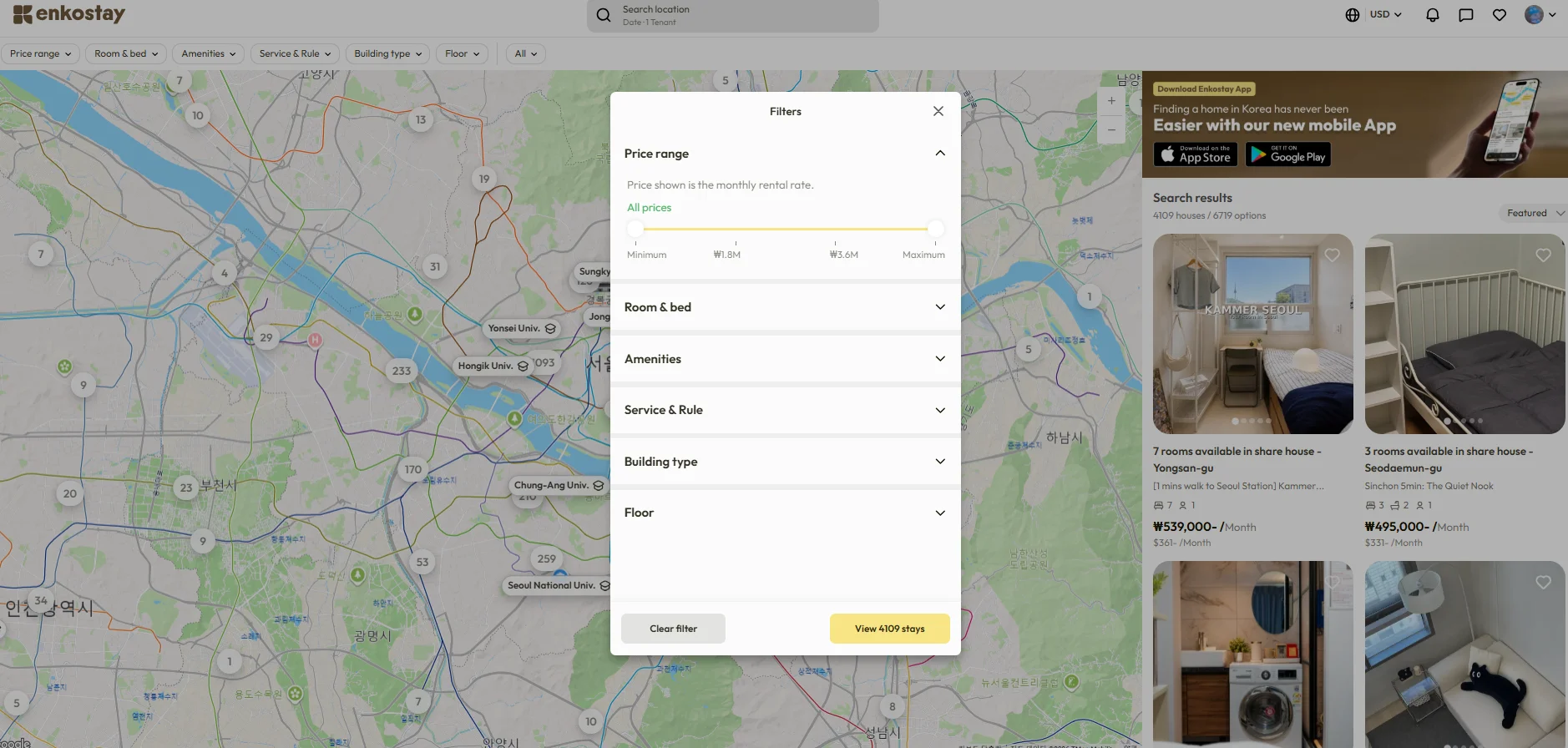 Narrow down listings using Enkostay's price and room filters